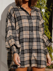 Textured plaid shirt with ribbed cuffs in multicolor taupe and black, featuring a button-down front and balloon sleeves.