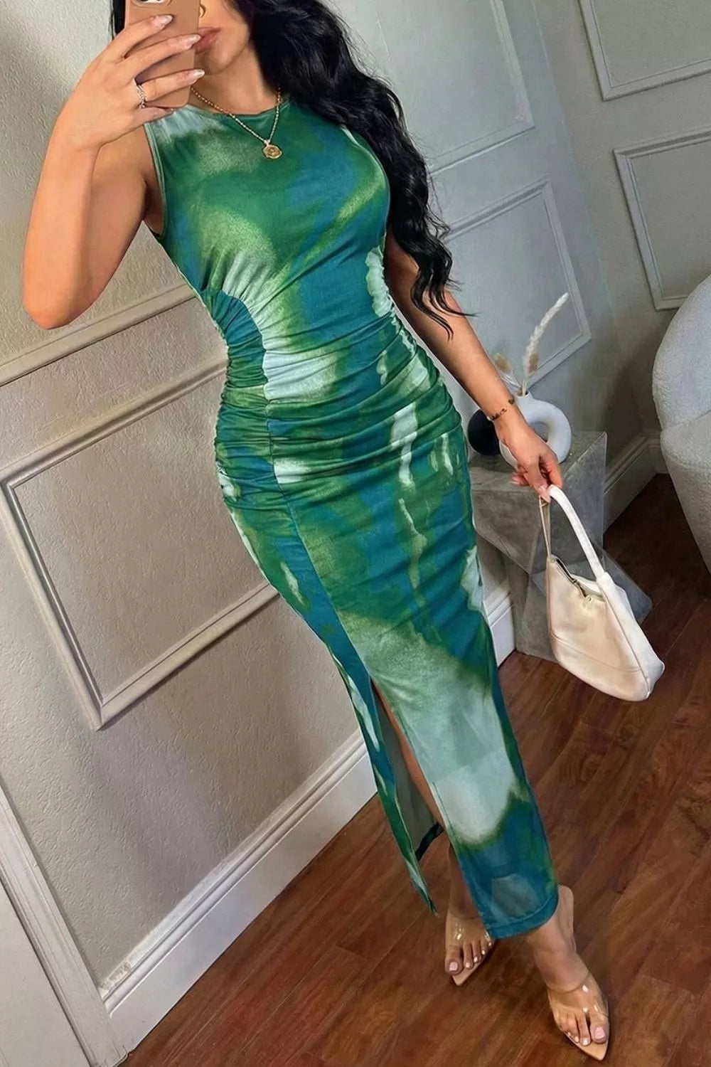 Sleeveless Ruched Tie-dye Maxi Dress in Turquoise, close-up detail
