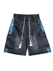 Black denim cargo shorts with braided drawstring and tasseled ends.