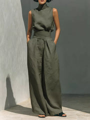 Sleeveless Wide-leg Jumpsuit With Smocked Waist in Apricot, view 13