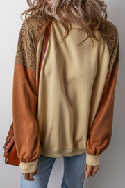 Tan sweatshirt with crochet yoke and raglan sleeves, colorblock design