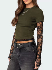 Military green cropped t-shirt with black lace long sleeves and trim.