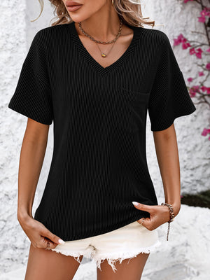 Black ribbed V-neck t-shirt with short sleeves and a chest pocket.
