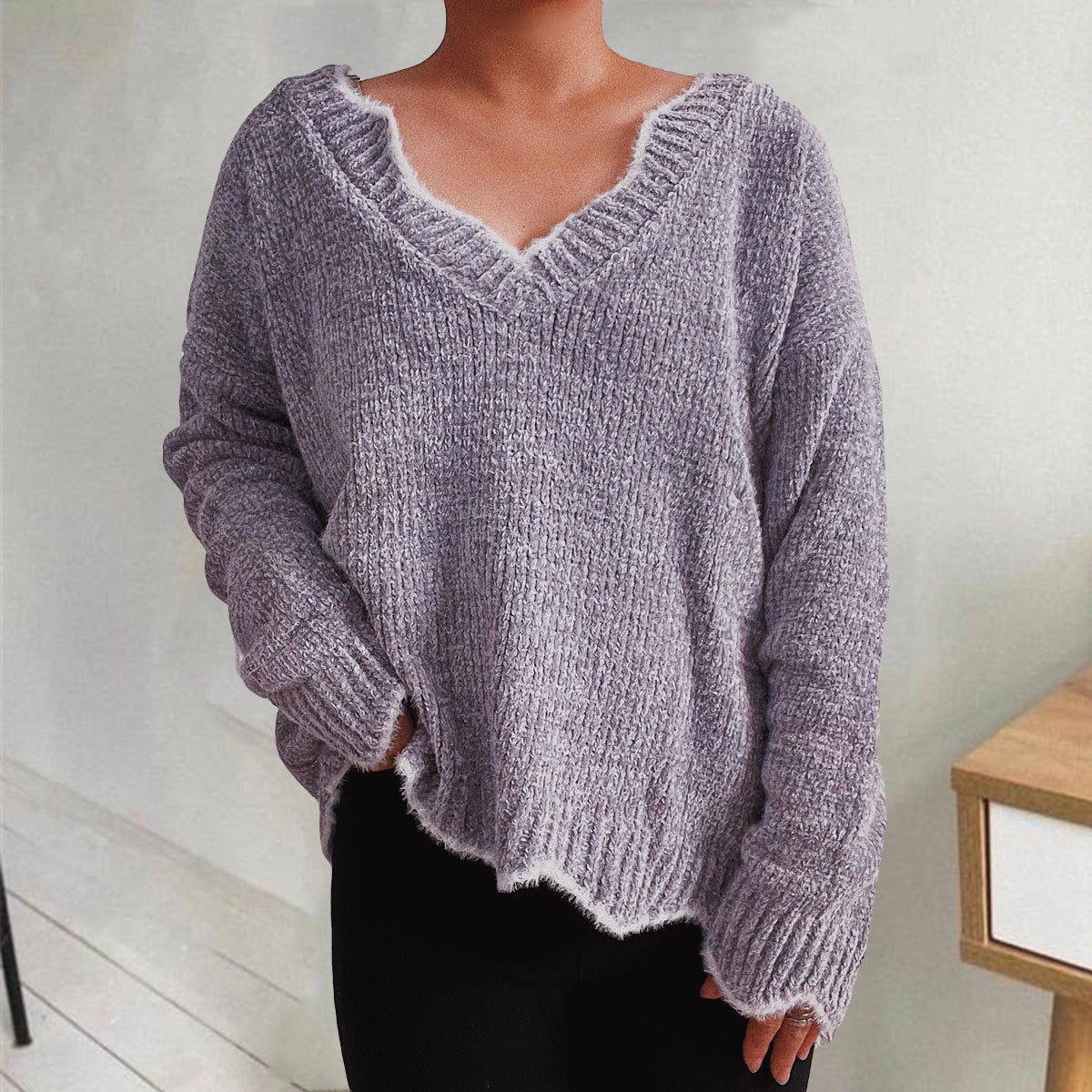 Lavender luxe knit sweater with scalloped trim and V-neck