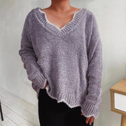 Lavender luxe knit sweater with scalloped trim and V-neck