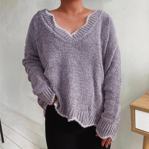Lavender luxe knit sweater with scalloped trim and V-neck
