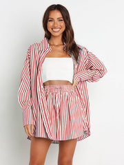 Oversized red and white stripe shirting set with button-down shirt and drawstring shorts.