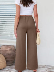 FlexiFit wide leg trousers in taupe, featuring a comfortable elastic waistband and a relaxed fit.