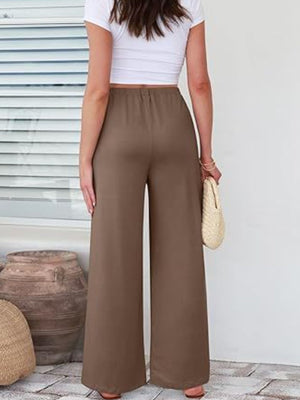 FlexiFit wide leg trousers in taupe, featuring a comfortable elastic waistband and a relaxed fit.
