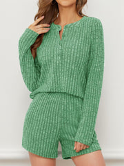 Green ribbed henley lounge set with button detail and shorts
