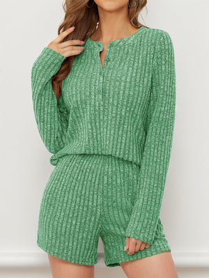 Green ribbed henley lounge set with button detail and shorts