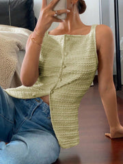 Yellow-green wavy textured button-front tank top with square neckline