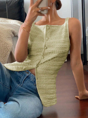 Yellow-green wavy textured button-front tank top with square neckline