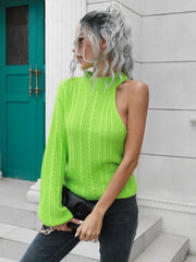 Neon green cable knit sweater with asymmetric shoulder detail and one long sleeve.
