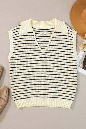 Striped knit polo vest in ivory with black stripes, featuring a V-neck and collar.