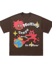 Brown cotton oversized t-shirt with melting tempo graphic and devil cartoon.