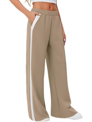 Camel palazzo trousers with white side stripe detail and elastic waist.