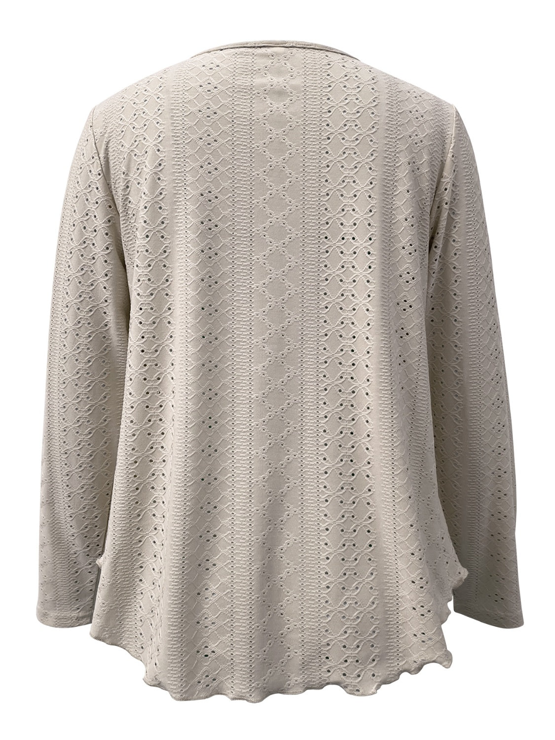 Mocha scalloped eyelet yoke blouse with long sleeves and a scalloped hem.