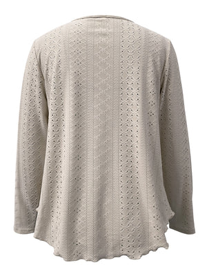 Mocha scalloped eyelet yoke blouse with long sleeves and a scalloped hem.