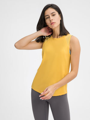Yellow mesh-back performance tank top with a round neckline and sleeveless design.