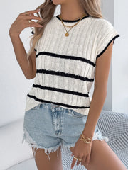White cable knit sleeveless top with black stripes and crew neck.