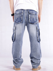 Relaxed fit light wash denim cargo jeans with flap pockets and contrast stitching.