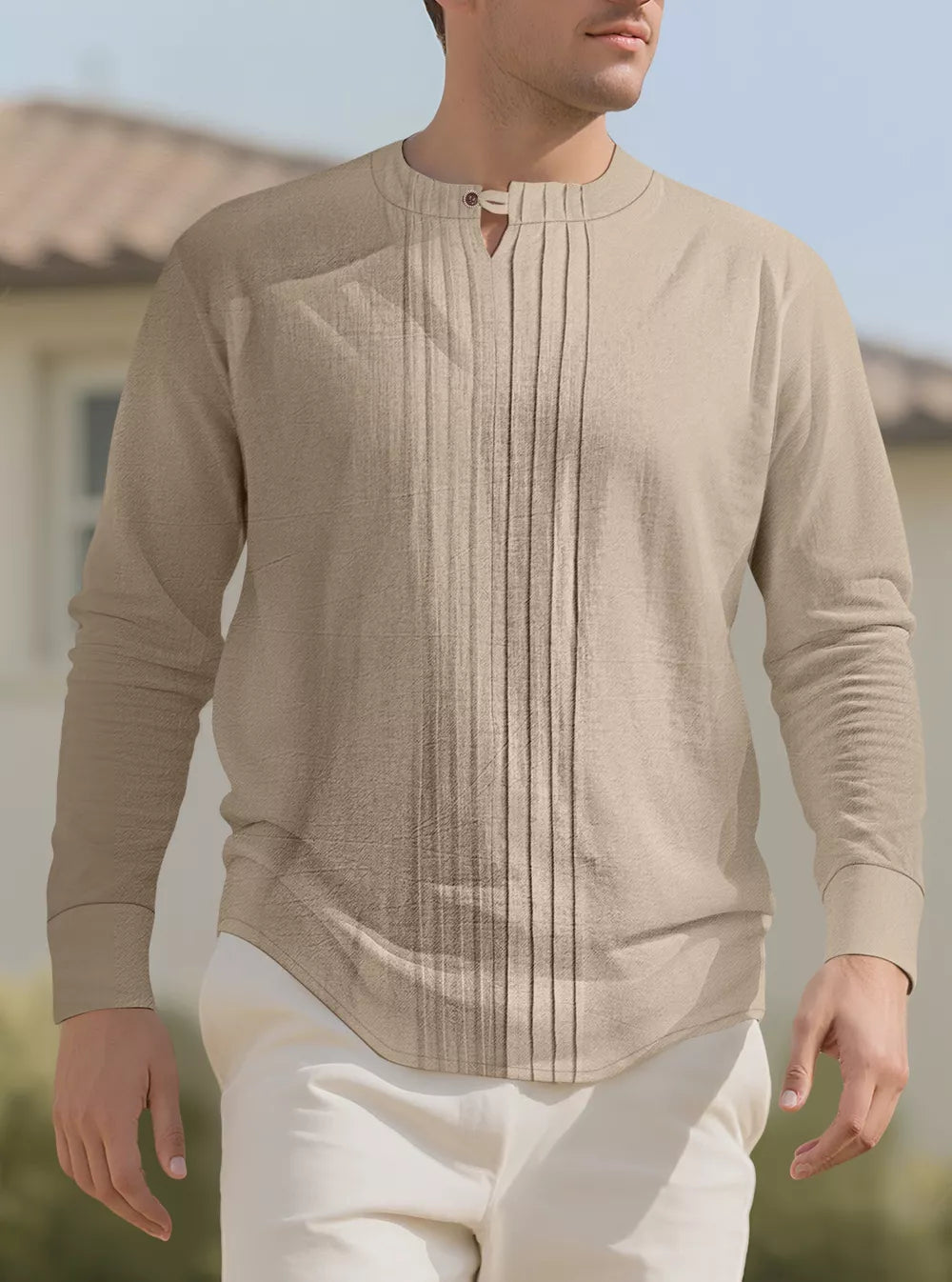 Men's Casual Pleated Long Sleeve Shirt Plus Size, close-up detail