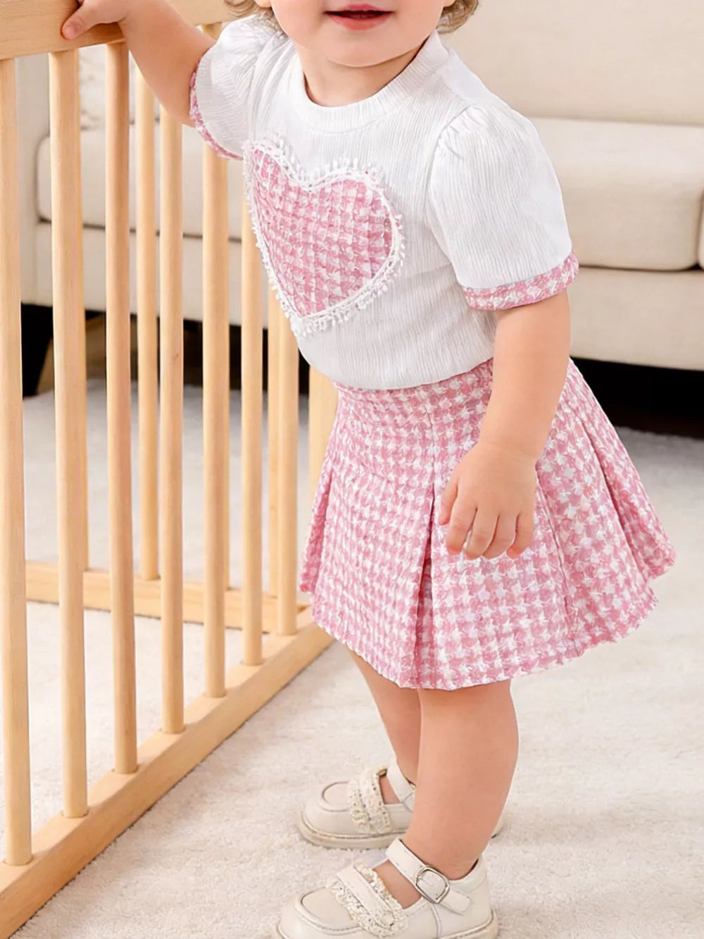 Children's Heart Short Sleeve Top And Skirt Set in Pink, front view