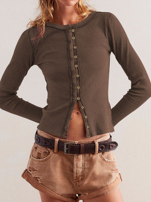 Ribbed button-up top in coffee brown with a crew neck and long sleeves.