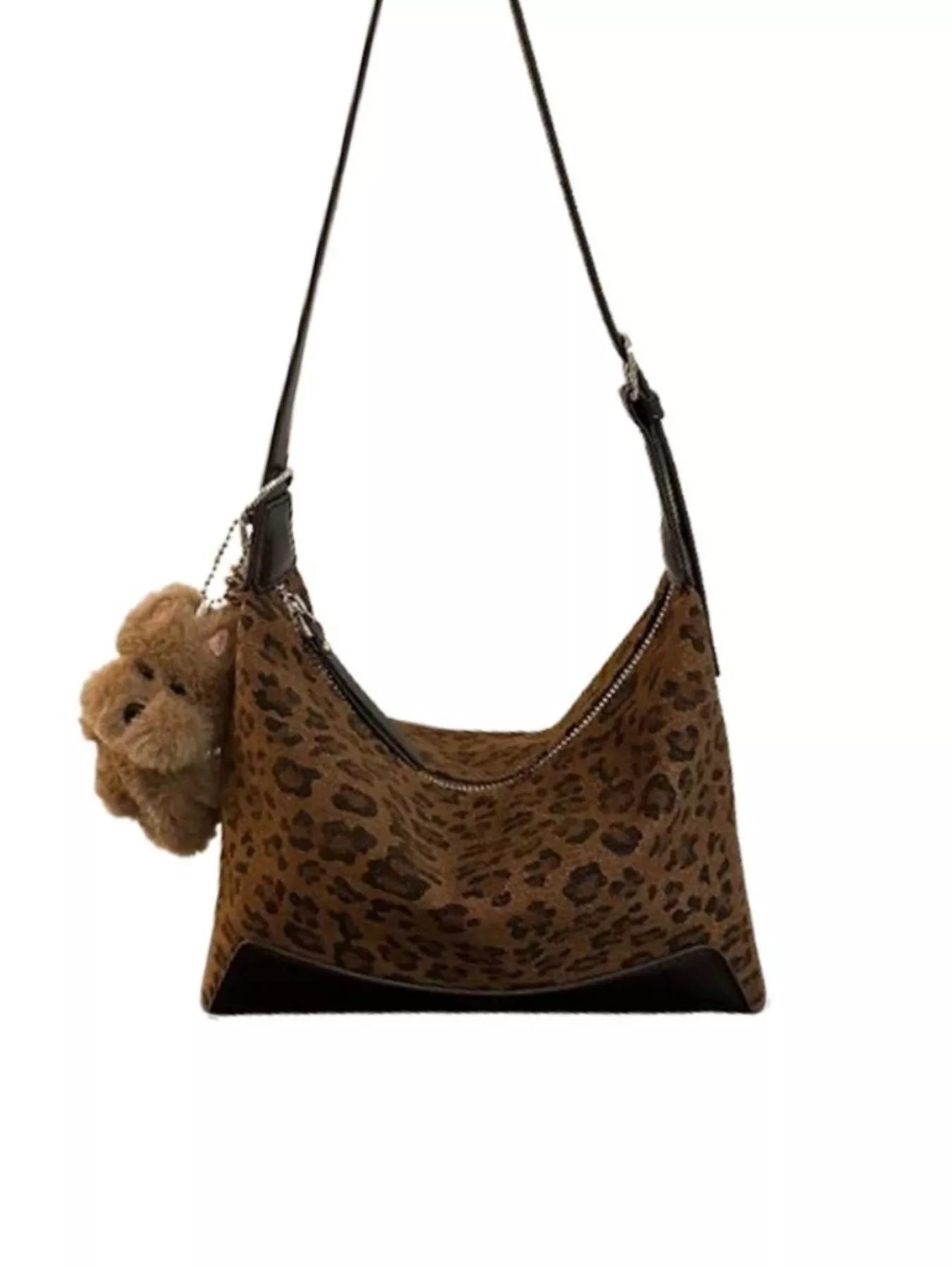 Leopard print shoulder bag with adjustable strap and teddy bear charm