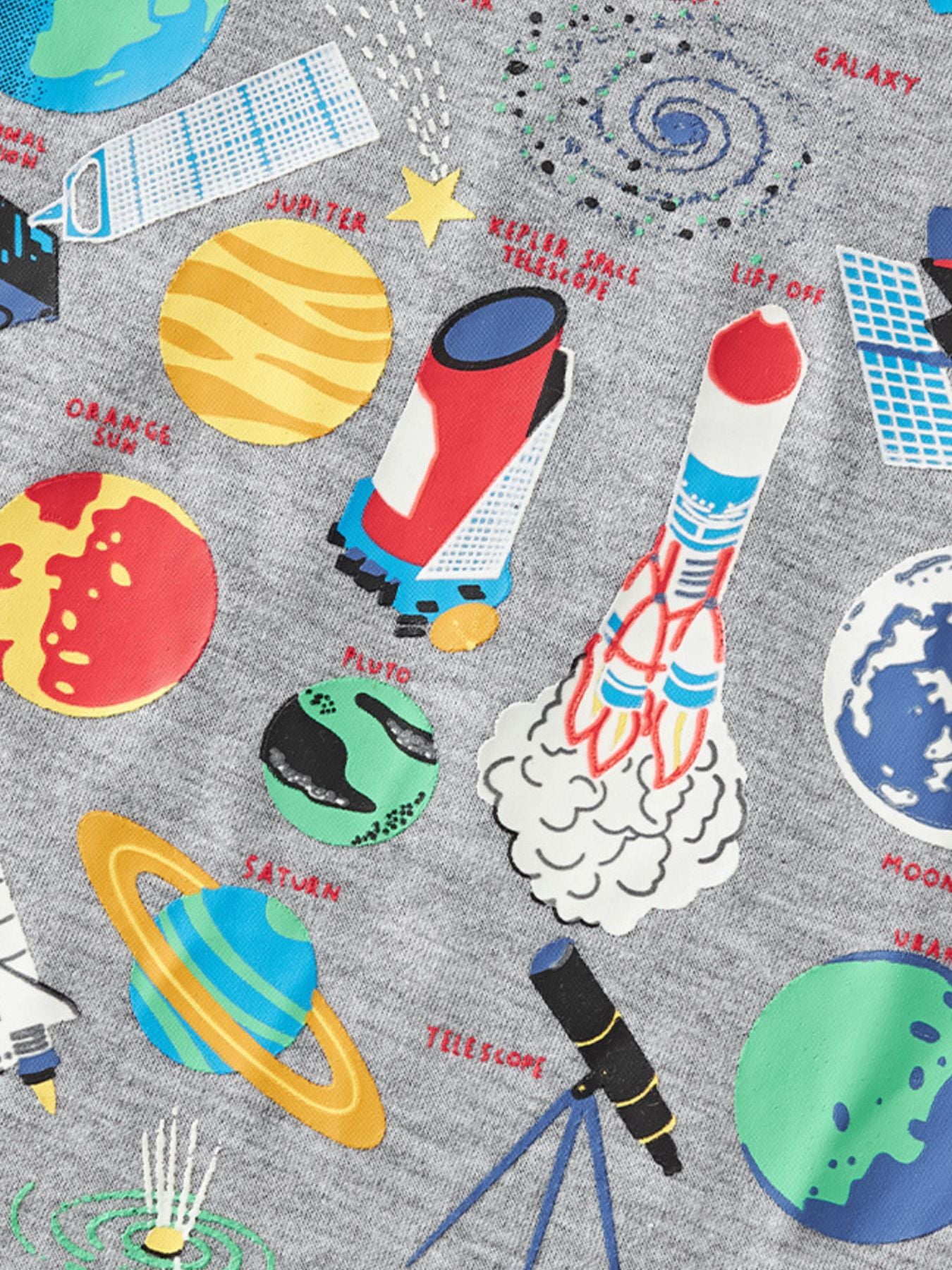 Toddler grey crew neck t-shirt with space exploration print featuring planets, rockets, and telescopes.