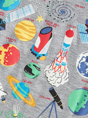 Toddler grey crew neck t-shirt with space exploration print featuring planets, rockets, and telescopes.