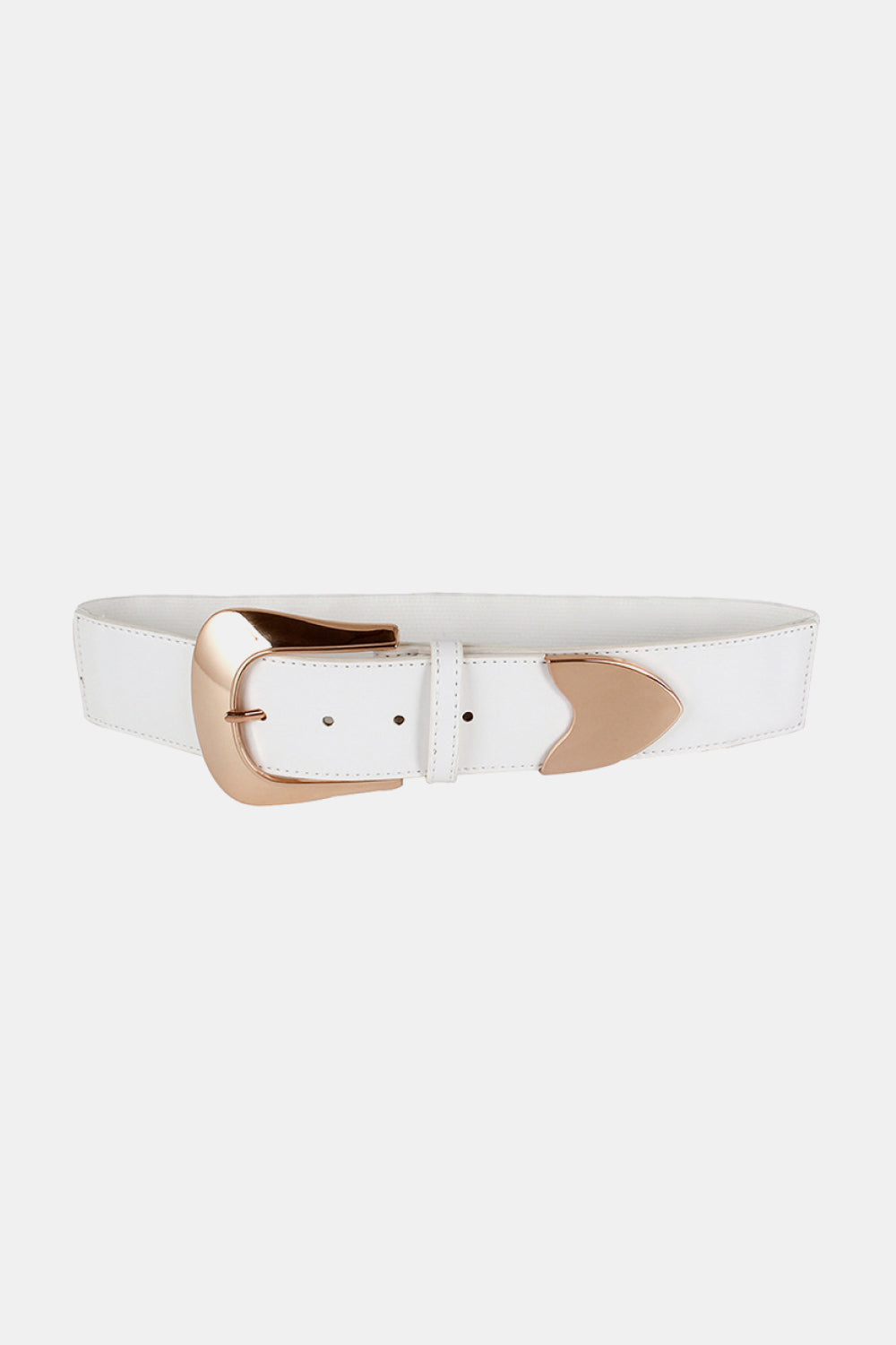White leather belt with sculpted rose gold buckle and accent