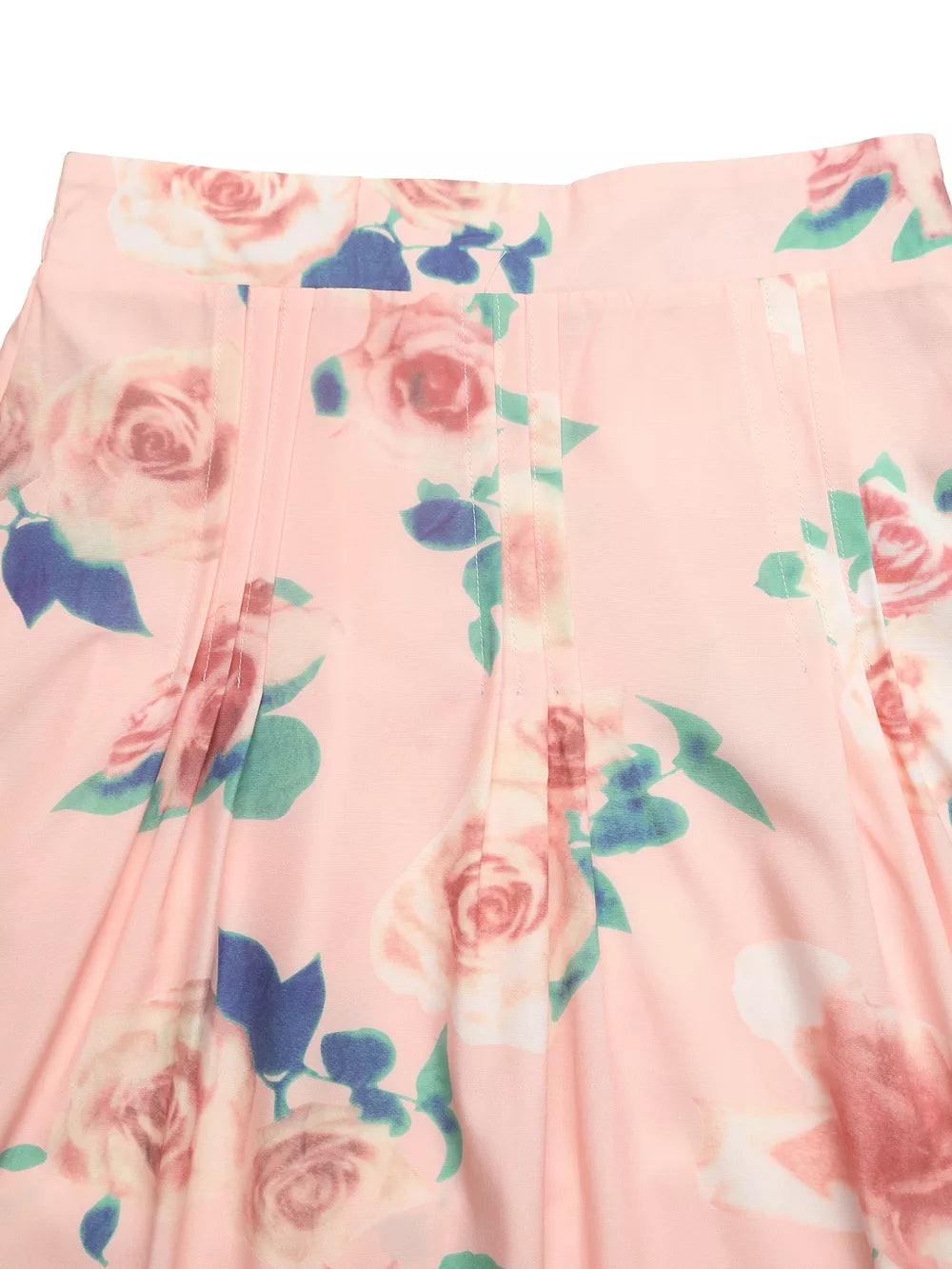 Structured shoulder top with pleated midi skirt set in pink floral print.