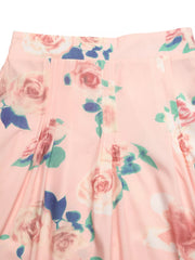Structured shoulder top with pleated midi skirt set in pink floral print.