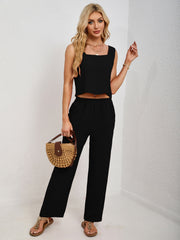 Black cropped tank top and palazzo pants set with square neckline