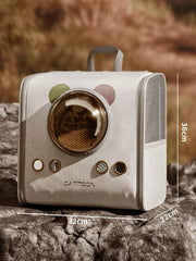 Modern space capsule pet carrier bag in gray with bubble window and colorful dots
