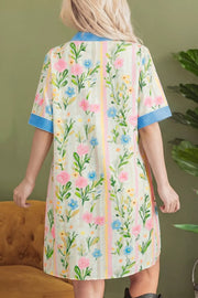 Floral print shift dress with pastel stripes and blue striped accents.