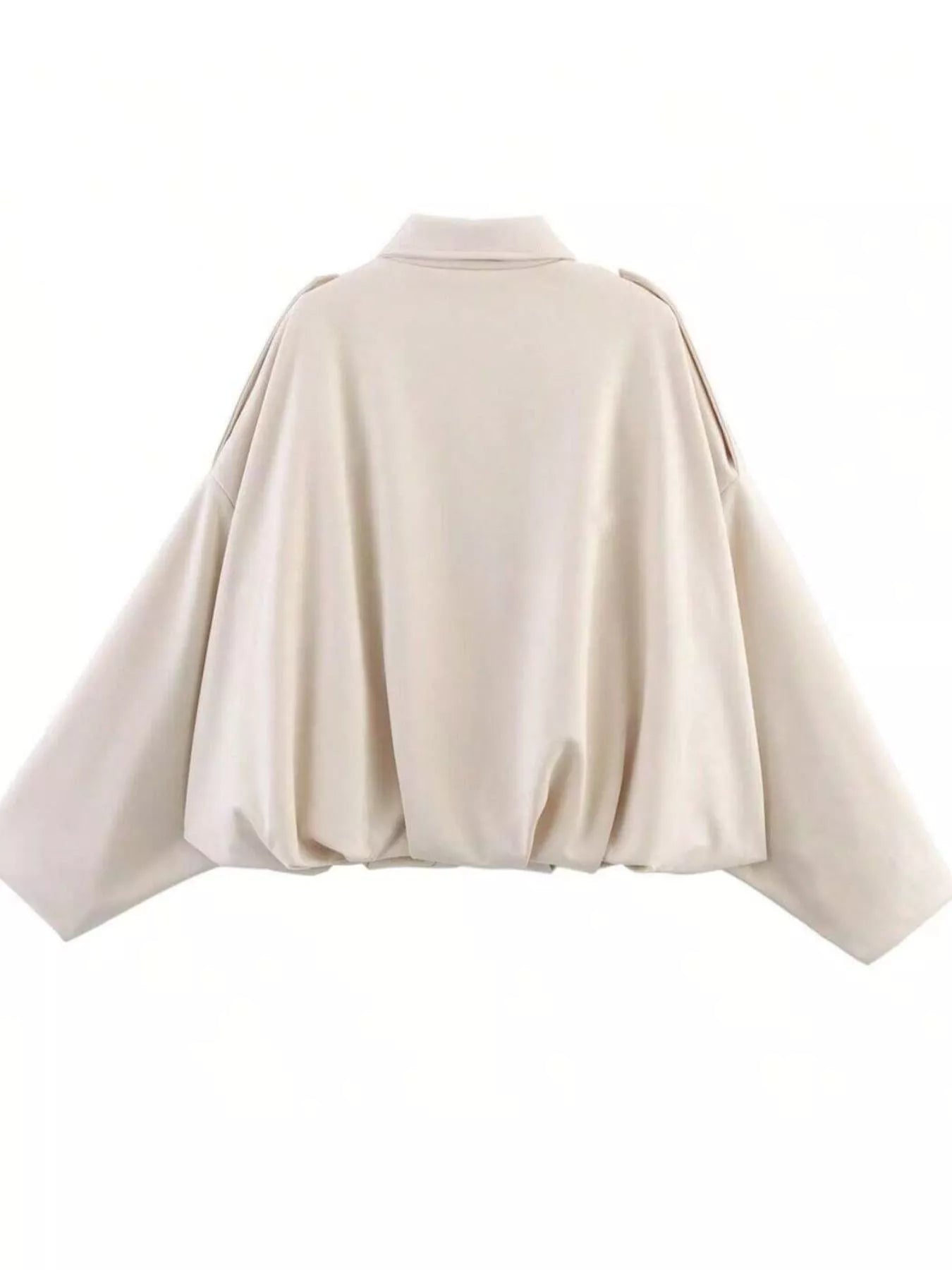 Oversized off-white zip-up jacket with a collared neckline and cinched hem.