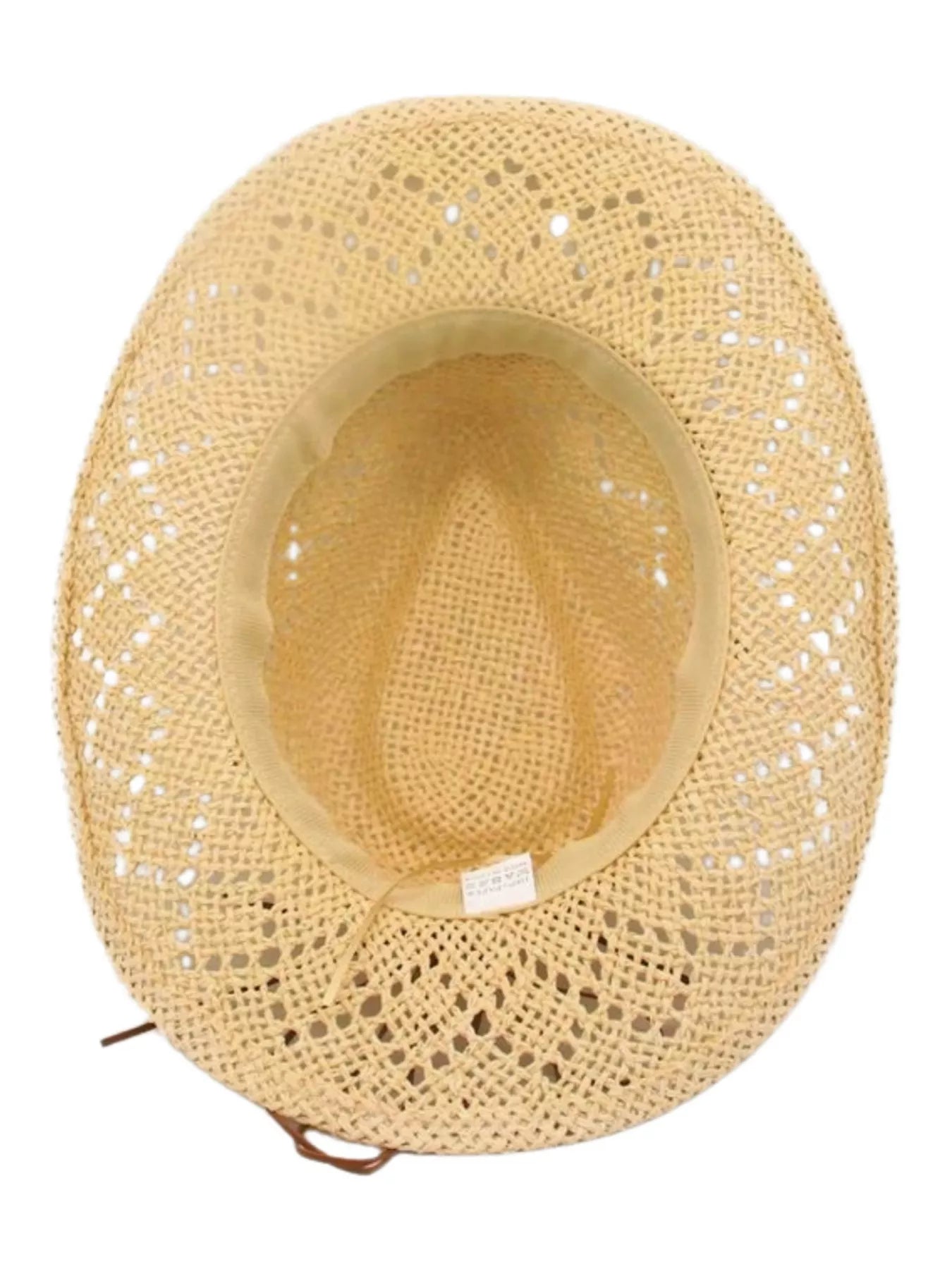 Women's woven boho cowboy hat in ivory with crochet details and a chin strap.
