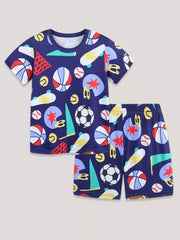 Navy blue short sleeve tee and shorts set with a sporty print for kids.