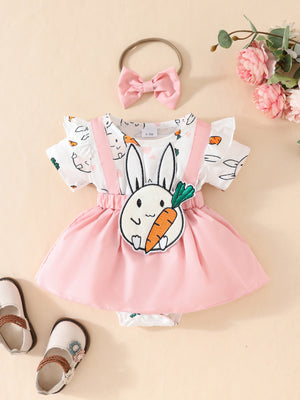 Baby dress with bunny and carrot applique, pink skirt, and carrot print.