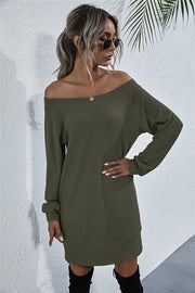Off-shoulder waffle knit mini dress in army green with long sleeves.
