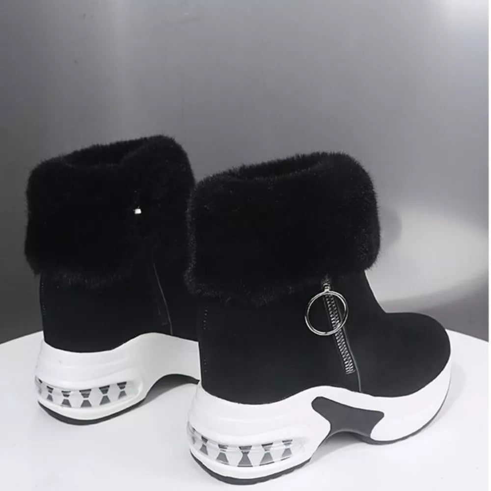 Black plush ankle boots with side zipper detail and air cushion sole