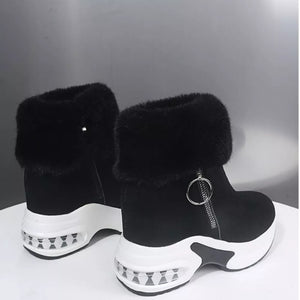 Black plush ankle boots with side zipper detail and air cushion sole