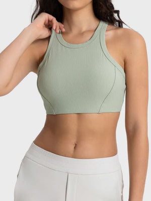 Sage ribbed racerback crop top with contour stitching and a high neckline.