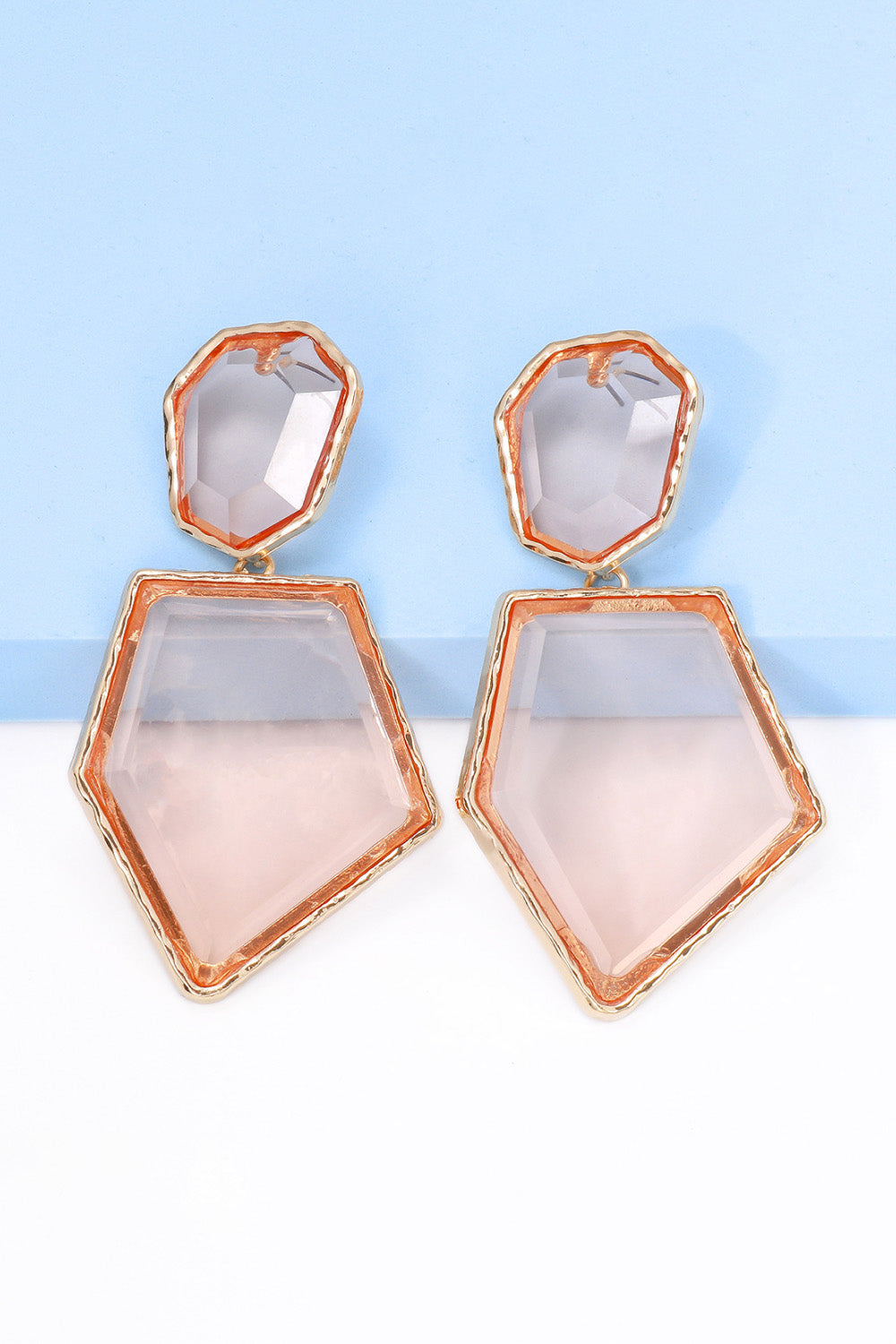 Resin facet drop earrings with gold trim in blush pink and clear