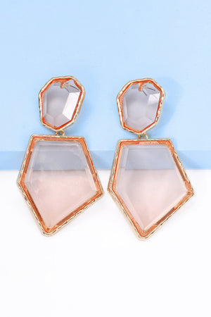 Resin facet drop earrings with gold trim in blush pink and clear