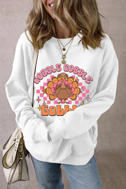 White graphic sweatshirt with retro turkey and "Gobble Gobble" text.