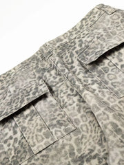 Men's grey leopard print wide-leg cargo sweatpants with flap pockets.